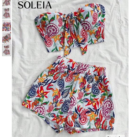 2 Pc Beach Set, Colorful Paisley Print Tie-Front Top And Elastic Waist Shorts - Picture 1 of 10